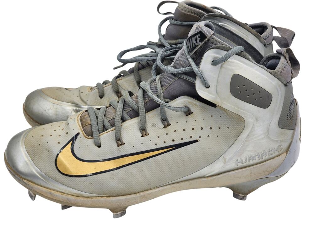 Nike Huarache Baseball Cleats 10.5 Gray Gold Metal Spikes High Top 923428-070